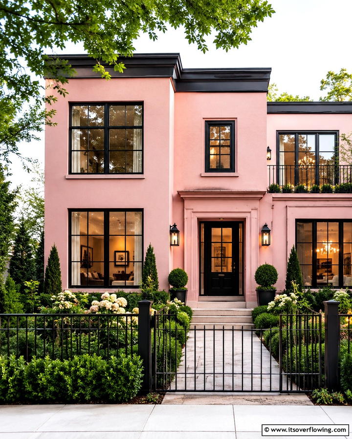 Blush Pink with Black Detailing - 25 Pink House Exterior Ideas for a Charming Look