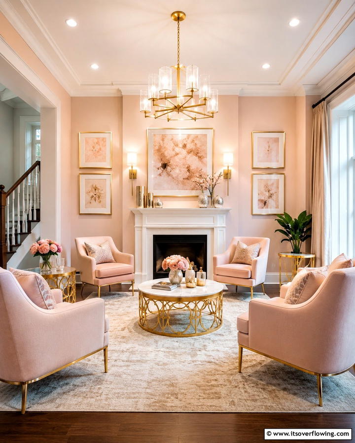 Blush Tones with Gold Accents - 30 Pink Living Room Ideas for Soft and Inviting Spaces