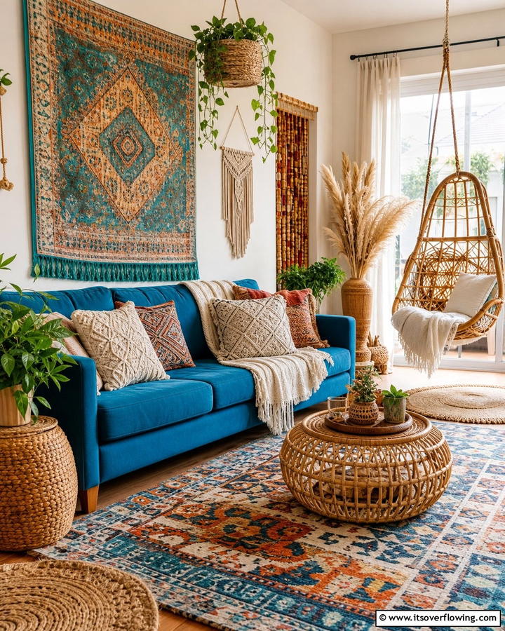 Bohemian Bliss with a Blue Couch - 25 Blue Couch Living Room Ideas for a Stylish Space
