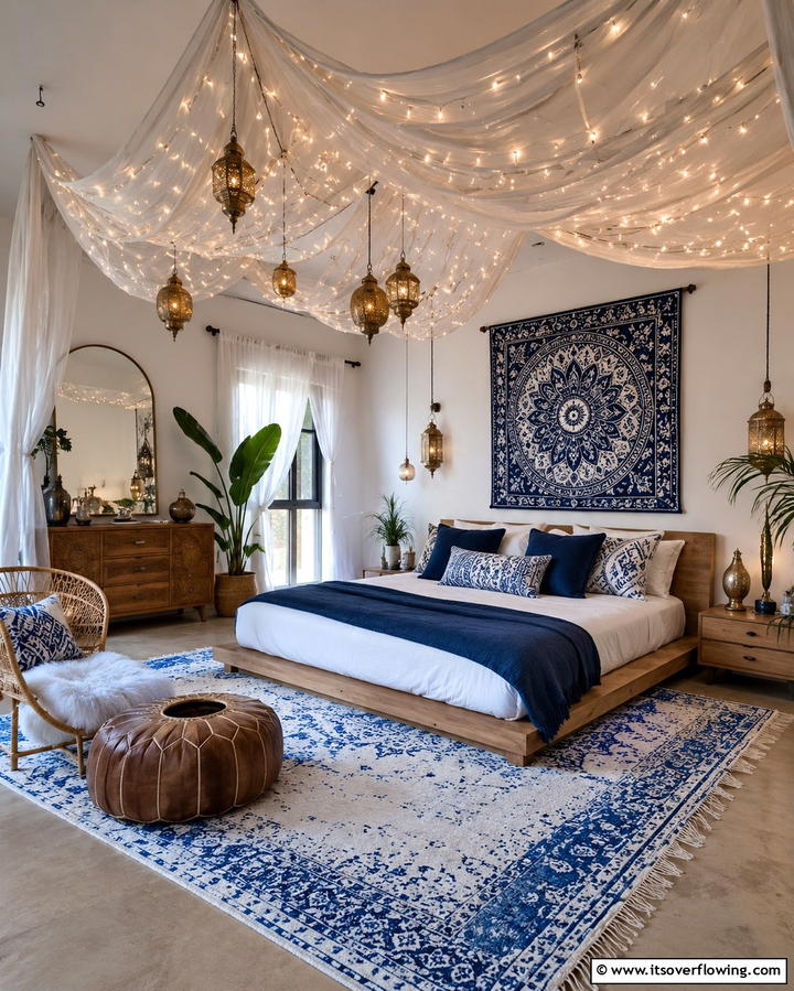 Bohemian Canopy Lighting - 30 Moody Dark Boho Bedroom Decor Inspirations for Cozy Nights