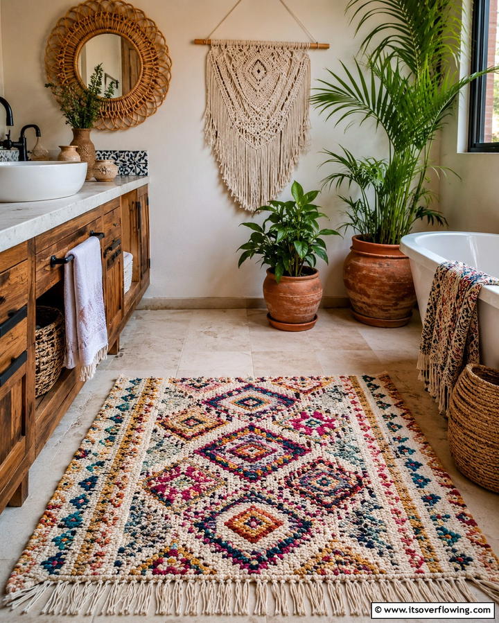 Bohemian Chic Textured Rug - 30 Bathroom Rug Ideas for Softness and Style Underfoot
