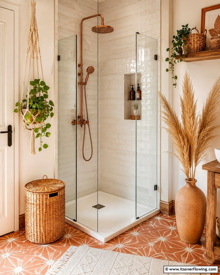 Bohemian Corner Shower Retreat - 30 Space-Efficient Corner Shower Ideas for Modern Bathrooms