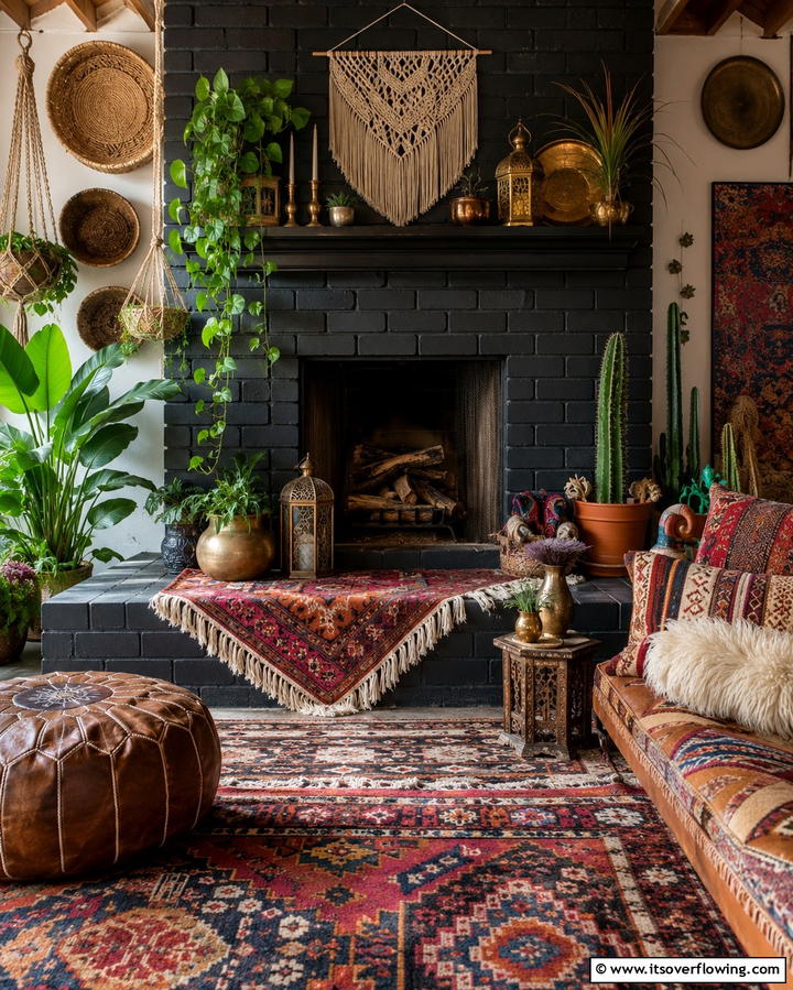 Bohemian Eclectic Flair - 30 Bold Black Fireplace Ideas to Elevate Your Living Room