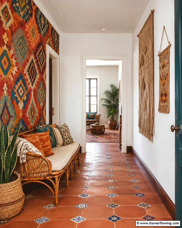 Bohemian Eclectic Mix for an Artistic Passage - 30 Hallway Wallpaper Ideas for a Striking Entryway