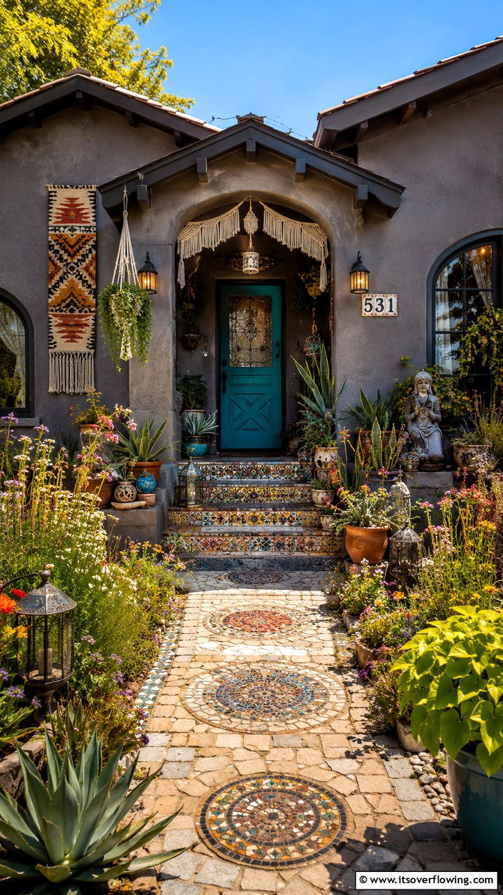 Bohemian Edge - 30 Grey House With Blue Door Ideas- Charming Curb Appeal