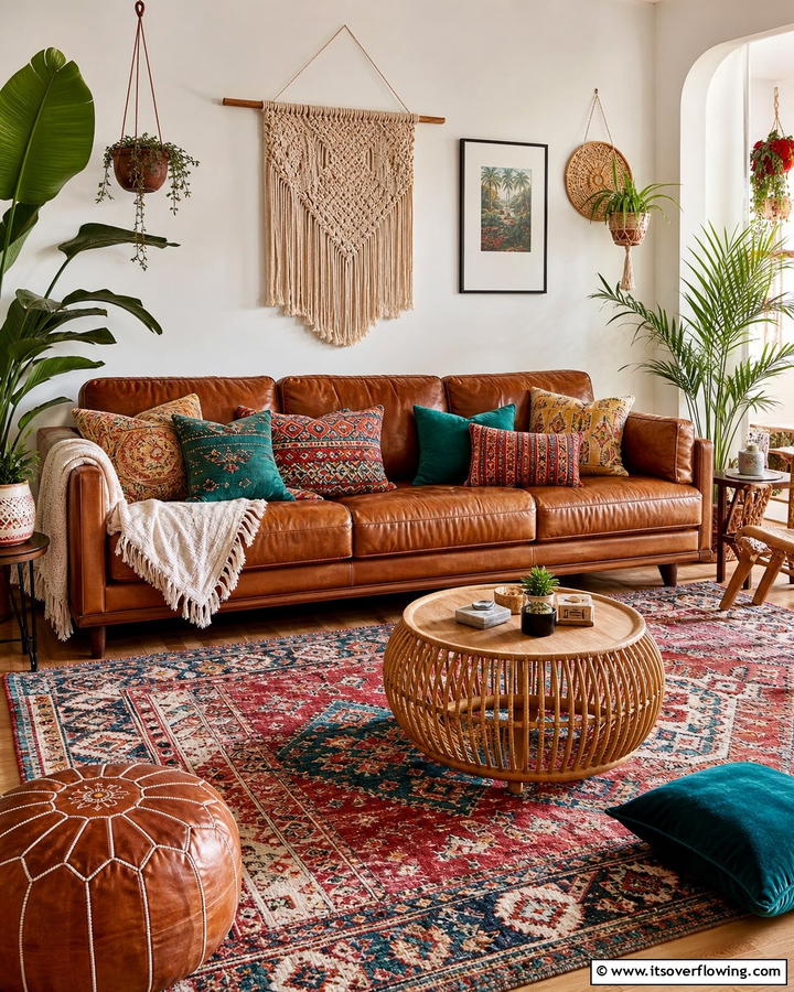 Bohemian Flair with Eclectic Decor - 25 Brown Leather Couch Living Room Ideas
