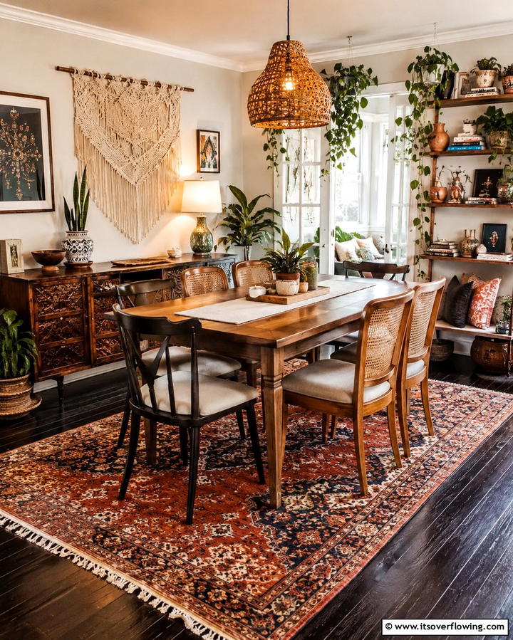 Bohemian Flair with Layered Textures - 25 Dark Wood Floor Dining Room Ideas for a Classic Look