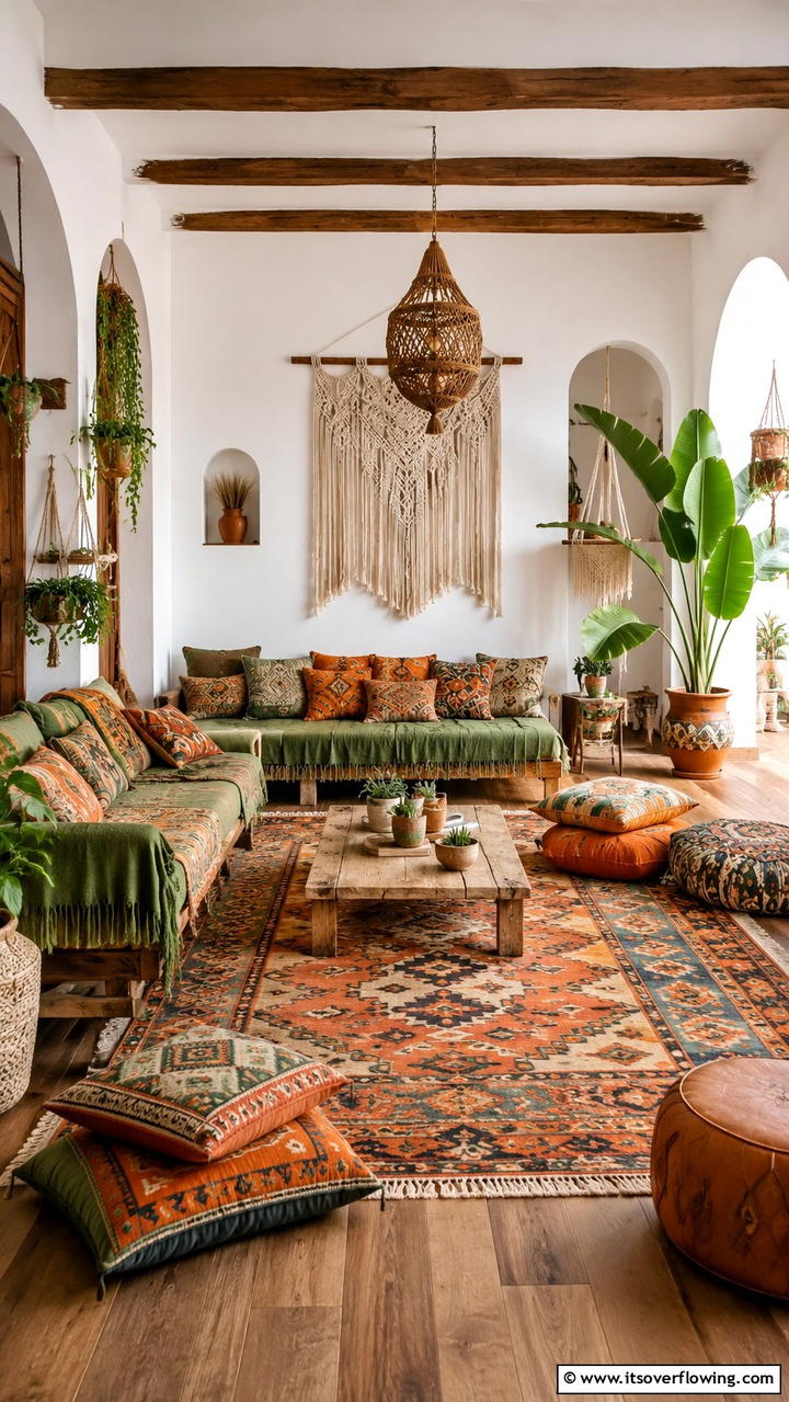 Bohemian Green and Orange Layered Textiles - 30 Green and Orange Living Room Ideas for Bold Style