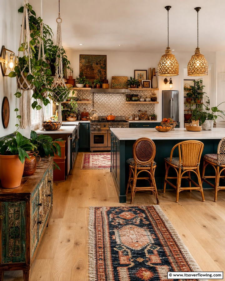 Bohemian Inspired Kitchen with Light Wood Floors - 25 Light Wood Floor Kitchen Ideas for a Bright Space