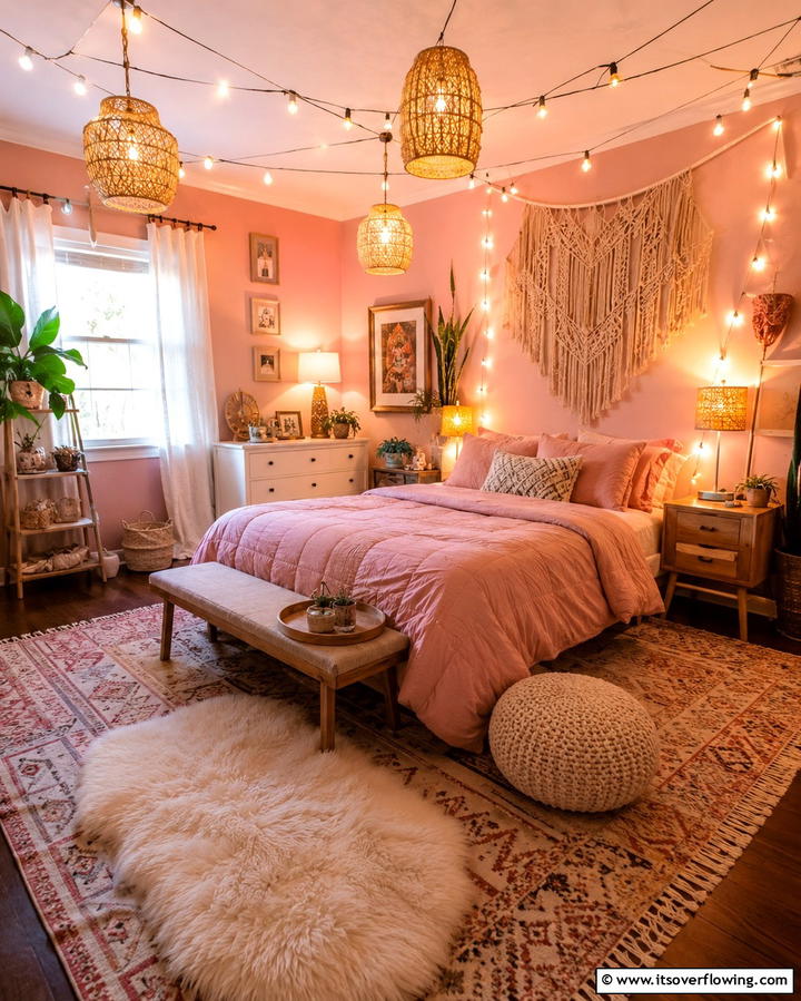 Bohemian Lighting and Warm Glow - 30 Pink Boho Bedroom Ideas for a Chic and Cozy Retreat