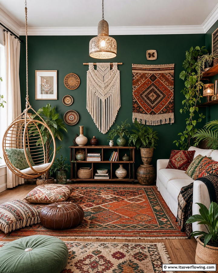 Bohemian Living Space - 21 Dark Green Accent Wall Ideas for Dramatic Interiors