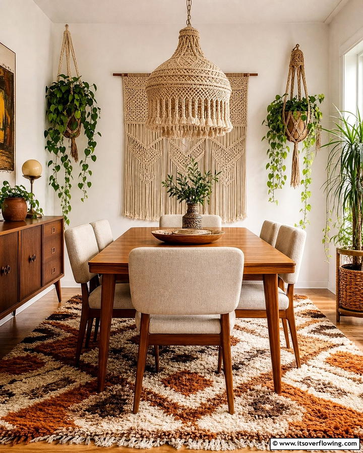 Bohemian Macrame Accents - 25 70s Dining Room Design Ideas for Retro Charm