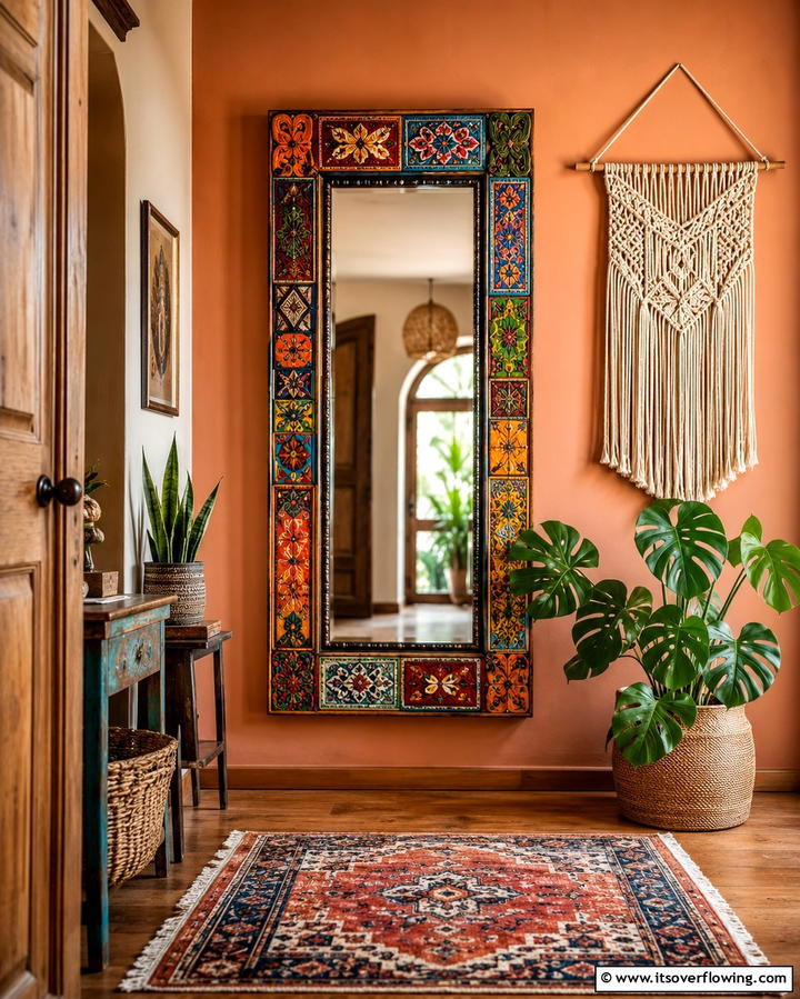 Bohemian Patterned Mirror - 30 Statement Entryway Mirror Ideas to Brighten Narrow Spaces