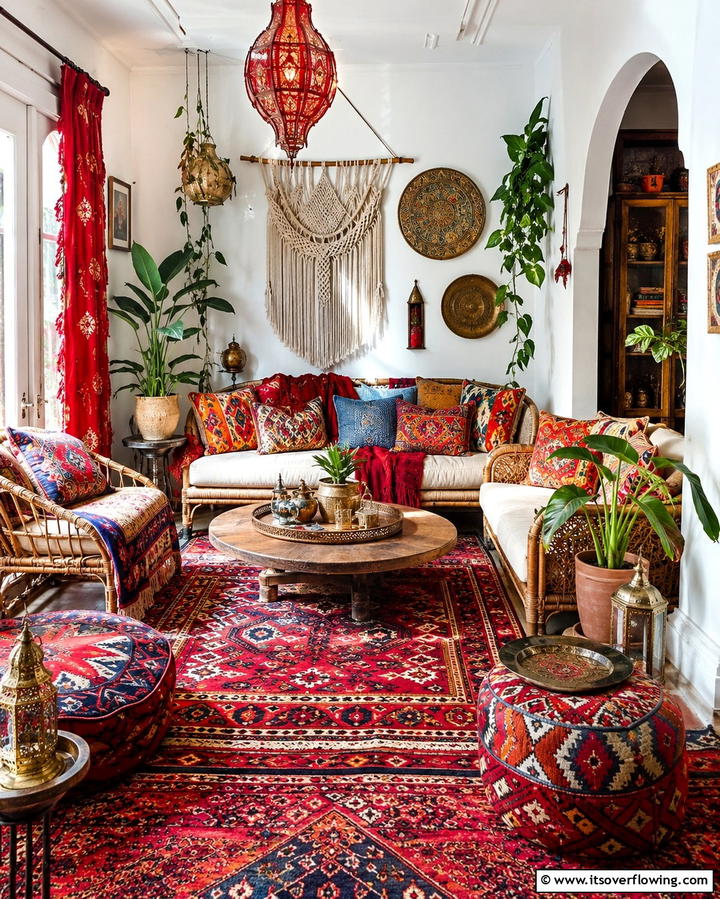 Bohemian Red Accented Comfort - 30 Red Living Room Ideas for Bold and Vibrant Spaces