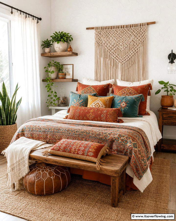 Bohemian Rust Throw Pillows - 20 Rust Bedroom Ideas for a Cozy and Inviting Space