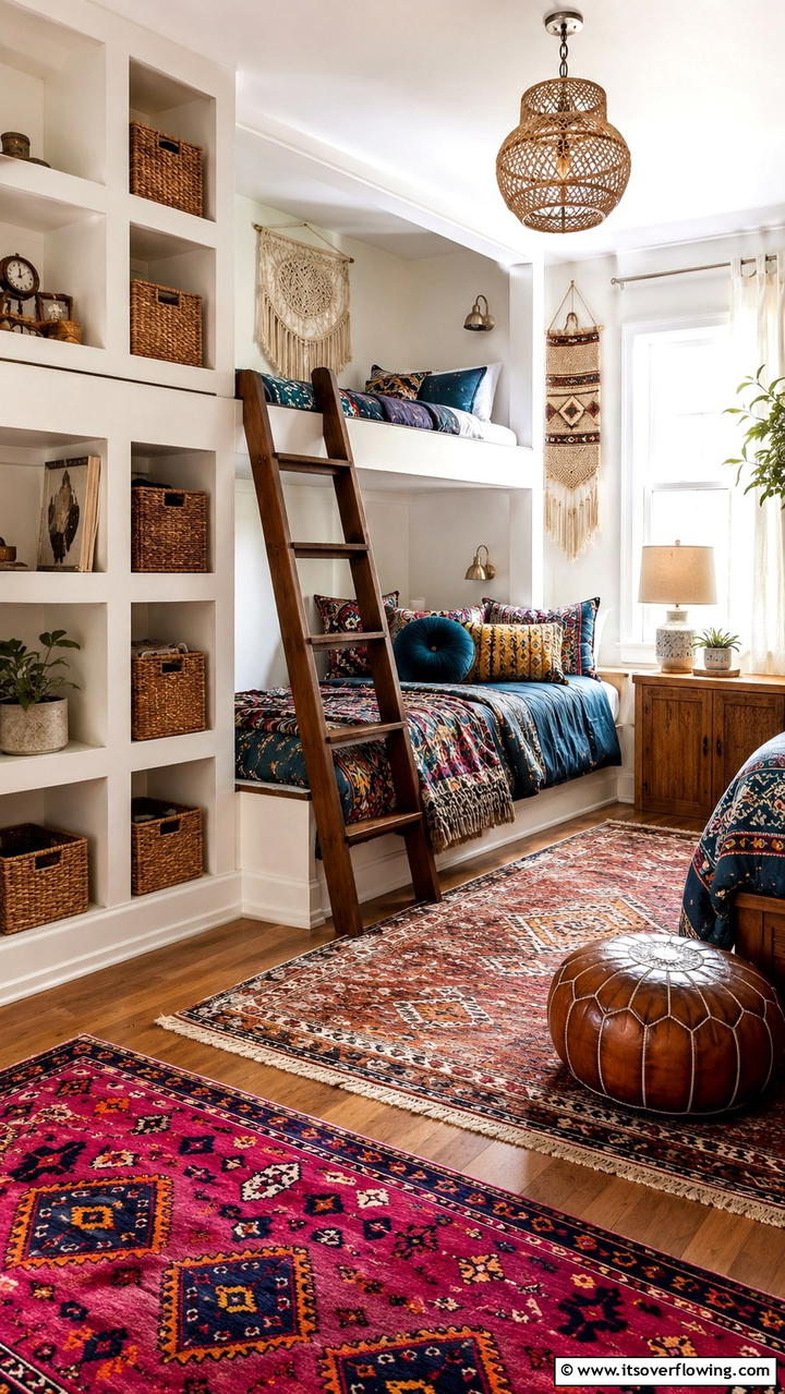 Bohemian Style Bunk Room with Textured Accents - 30 Bunk Room Ideas for Fun and Functional Kids’ Spaces