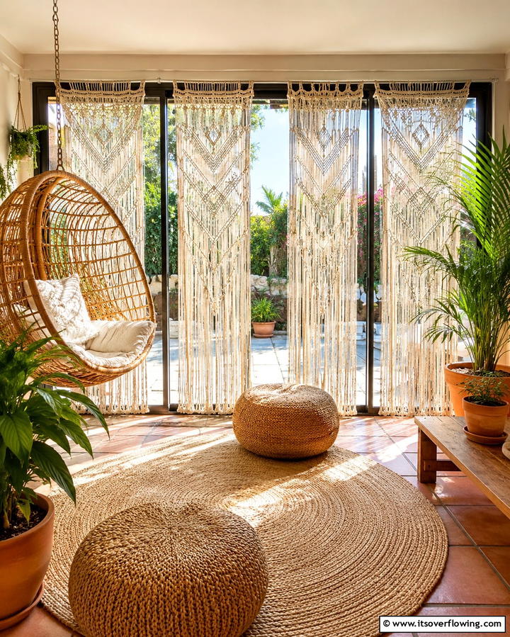 Bohemian Style with Macrame Panels - 25 Sliding Door Curtain Ideas for Privacy and Style