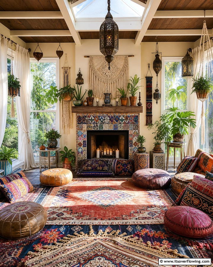 Bohemian Sunroom with Artistic Fireplace Charm - 30 Sunroom With Fireplace Ideas for Year-Round Comfort