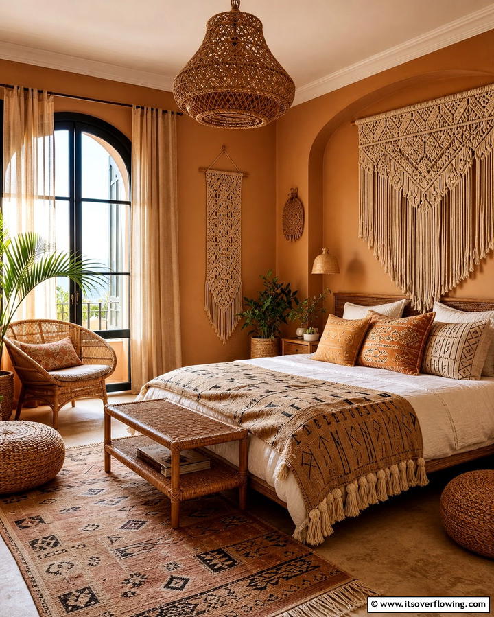 Bohemian Tan with Textured Layers - 25 Tan Bedroom Ideas for a Warm and Cozy Space