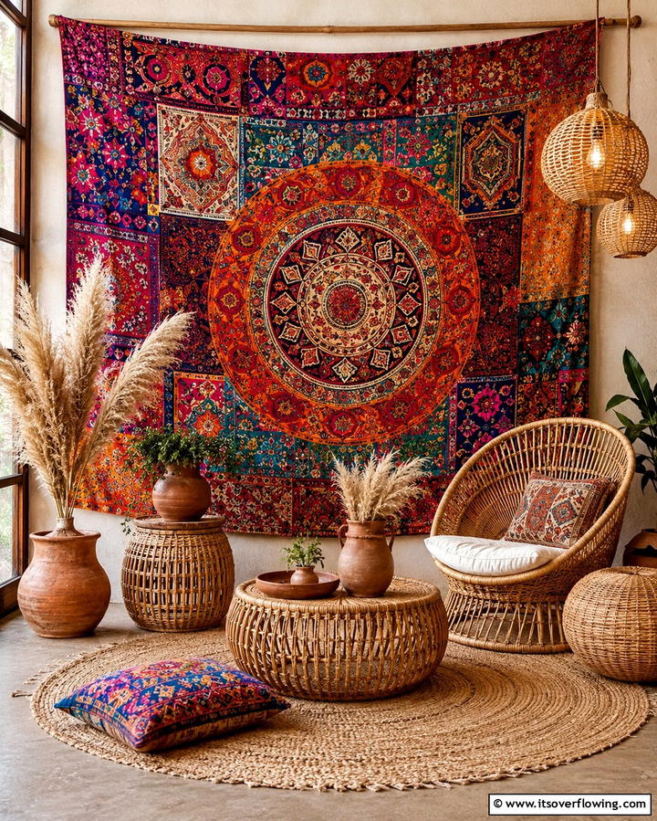 Bohemian Tapestry Wall - 30 Stunning Bathroom Wall Ideas to Elevate Your Space