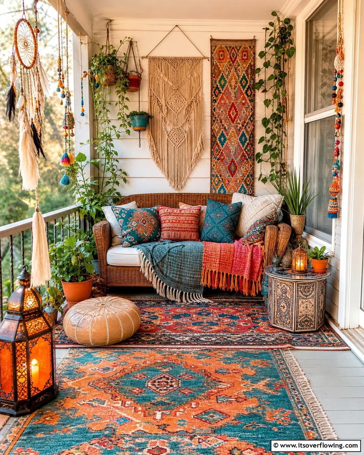 Bohemian Textile Mix - 21 Small Porch Decor Ideas for Welcoming Entryways