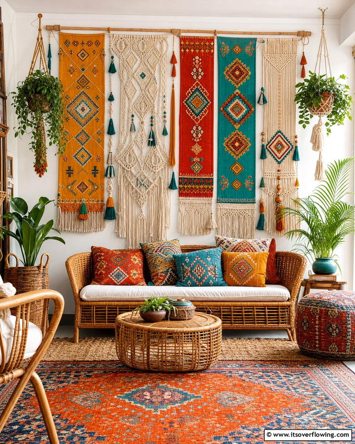 Bohemian Textile Panels - 30 Living Room Wall Decor Ideas to Elevate Your Space