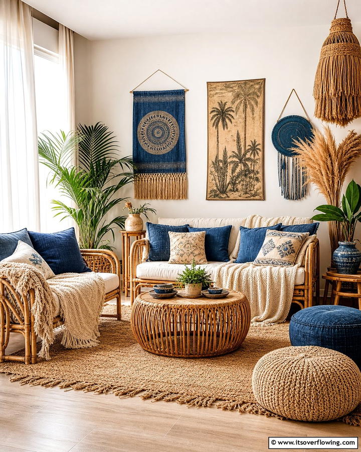 Bohemian Vibes with Blue and Beige - 20 Blue and Beige Living Room Ideas- Serene Spaces