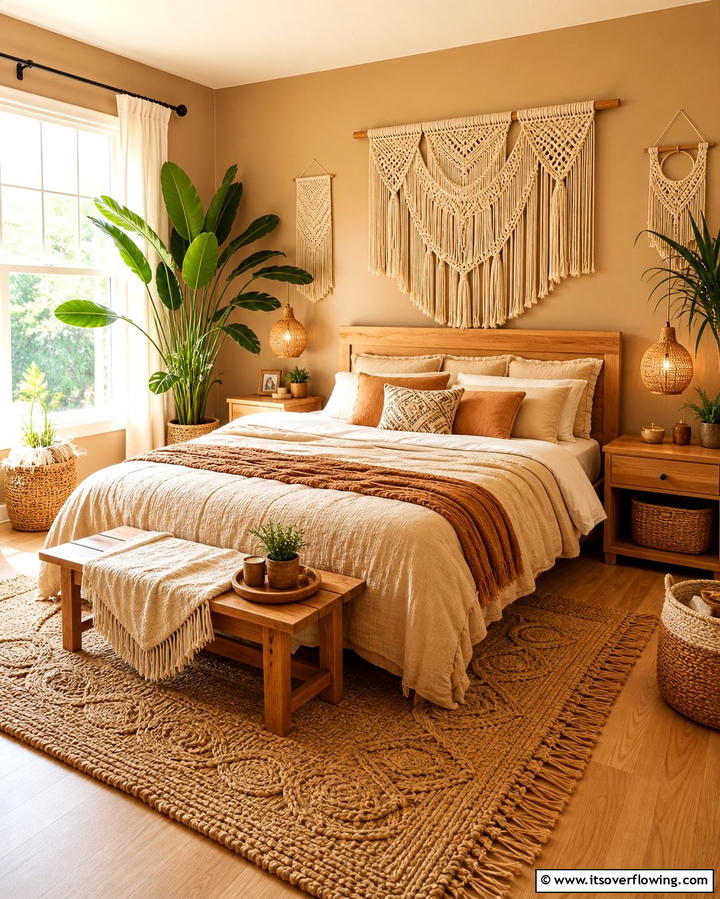 Bohemian Vibes with Textured Decor - 25 Tan Bedroom Ideas for a Warm and Cozy Space