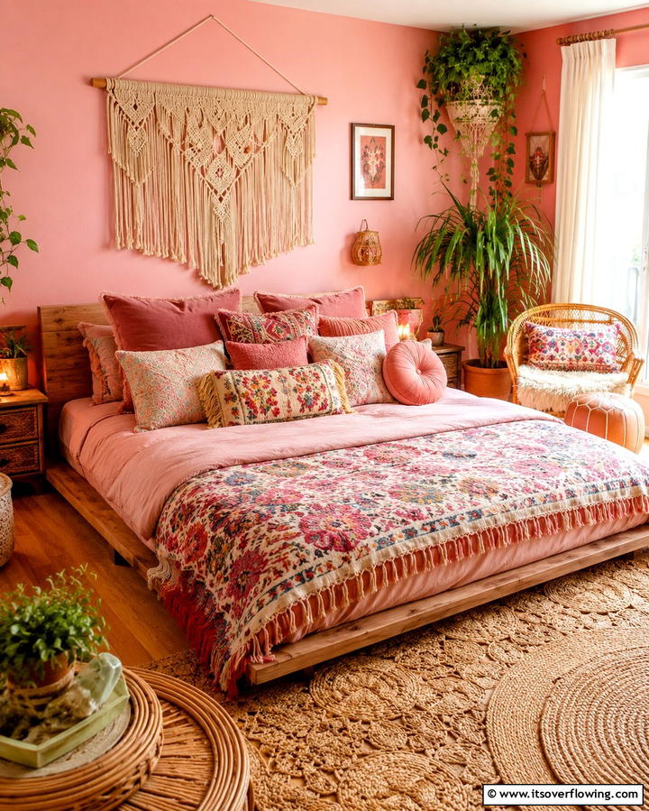 Boho Accent Pillows Ensemble - 30 Pink Boho Bedroom Ideas for a Chic and Cozy Retreat