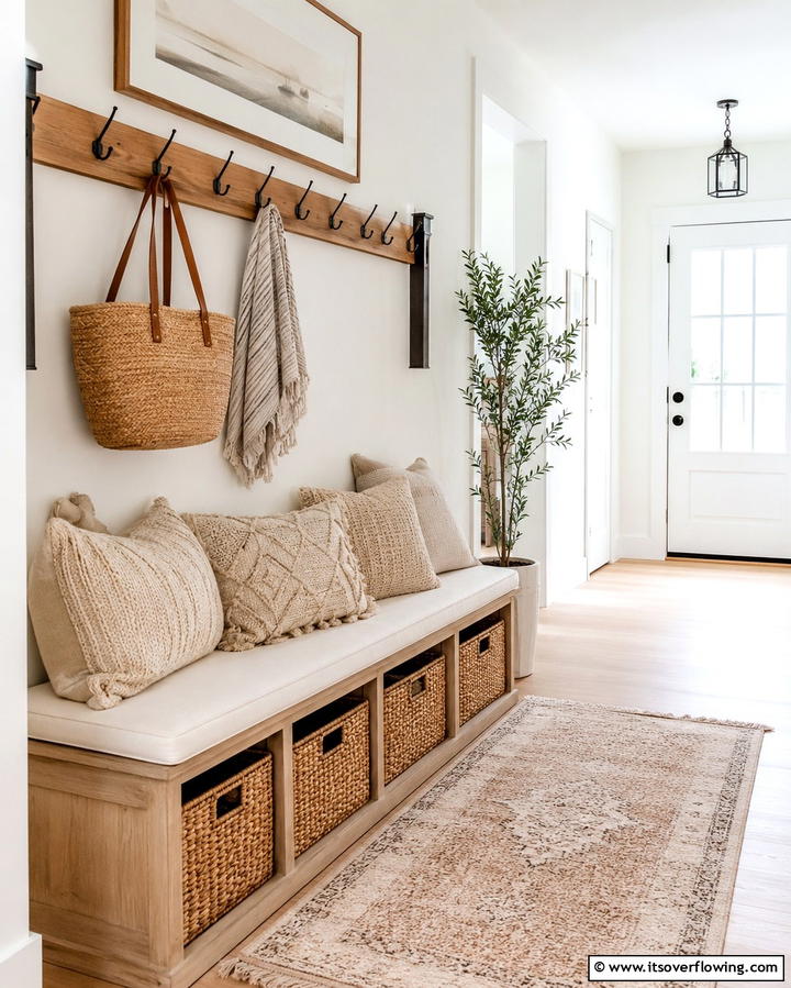 Boho Bench with Storage - 30 Bohemian Hallway Decor Ideas for a Welcoming Entryway