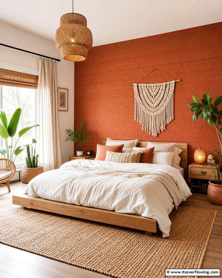 Boho Burnt Orange Accent Wall - 20 Boho Burnt Orange Bedroom Ideas for a Warm Ambiance