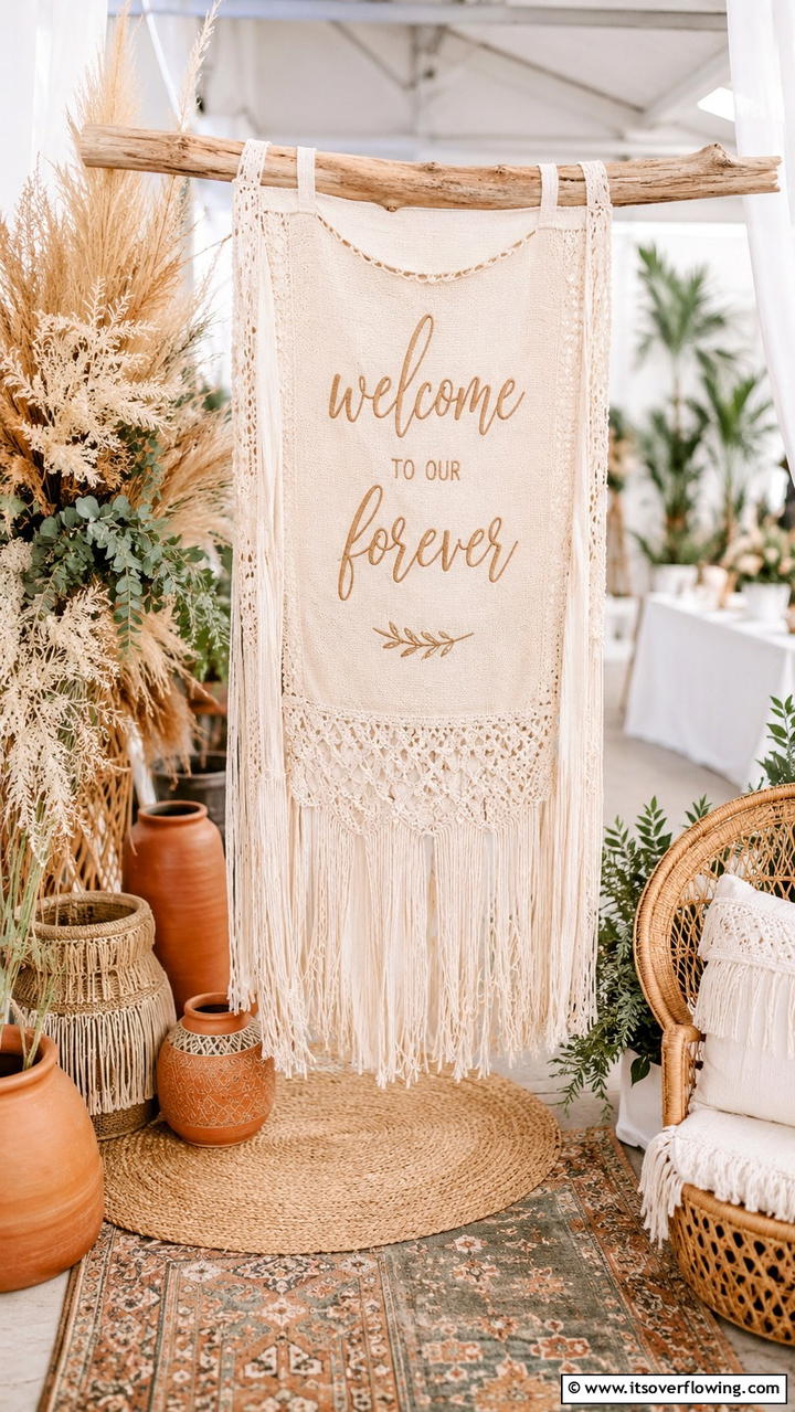 Boho Chic Fabric Banner - 21 Wedding Welcome Sign Ideas to Greet Guests in Style