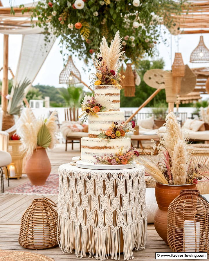 Boho Chic Semi Naked Cake - 21 Naked Wedding Cake Ideas for Minimalist Elegance