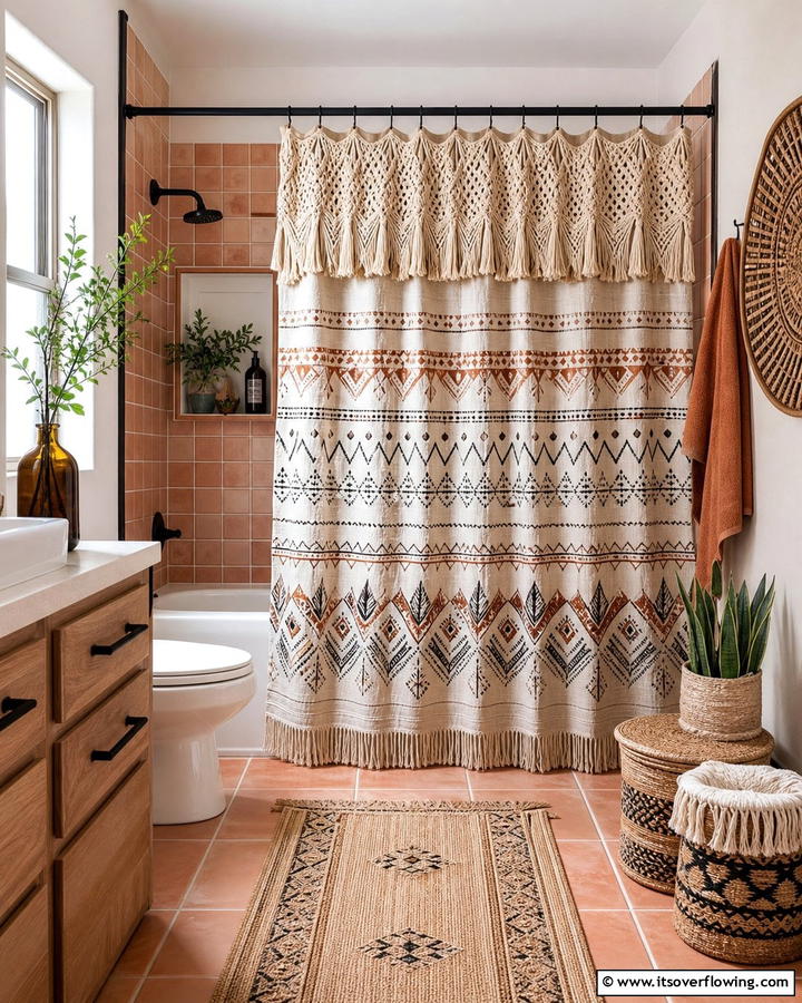 Boho Chic with Tassels and Patterns - 25 Shower Curtain Ideas to Refresh Your Bathroom