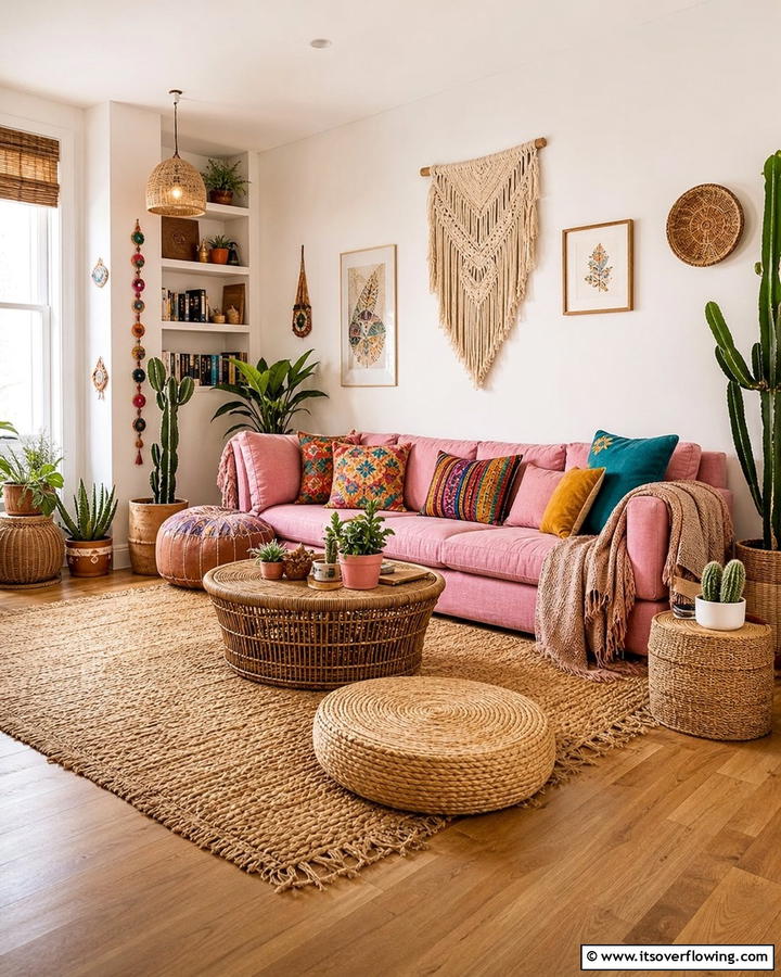 Boho Chic with Textured Layers - 20 Pink Couch Living Room Ideas for a Bold Statement
