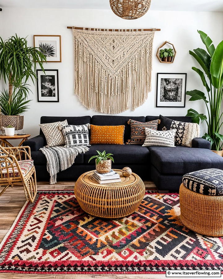 Boho Chic with a Bold Black Sofa - 21 Chic Black Couch Living Room Styling Inspirations