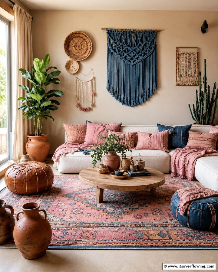 Boho Chic - 25 Pink and Blue Living Room Ideas for a Vibrant Space