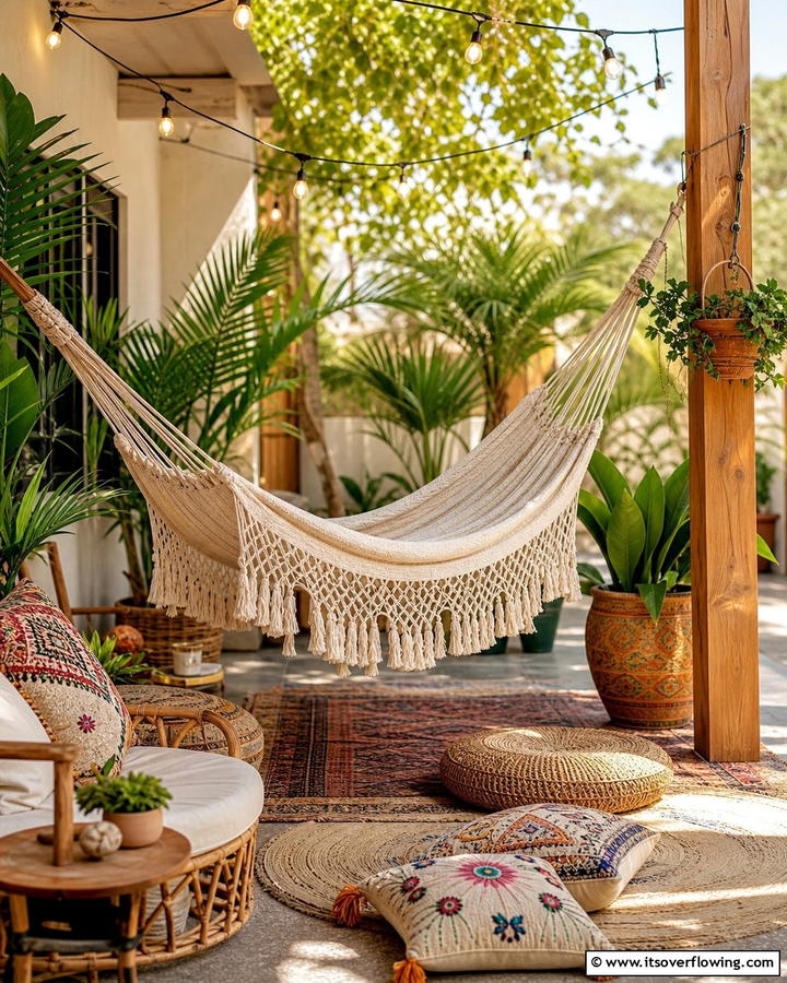 Boho Hammock for Relaxation - 25 Cozy Boho Patio Ideas for Relaxing Outdoor Spaces