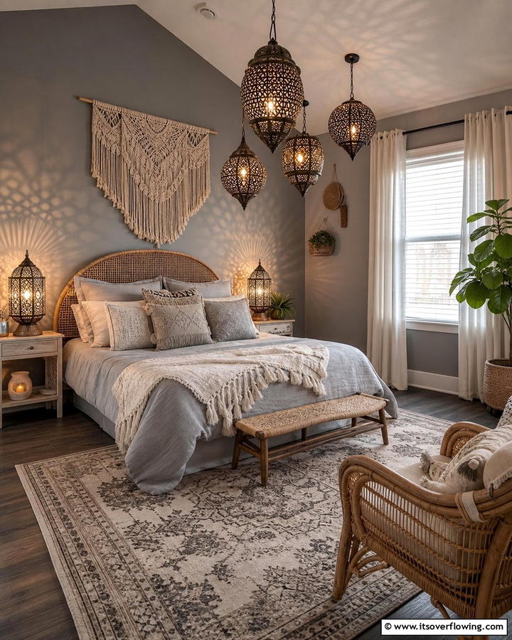 Boho Lanterns for Ambient Lighting - 20 Grey Boho Bedroom Ideas for a Cozy Vibe