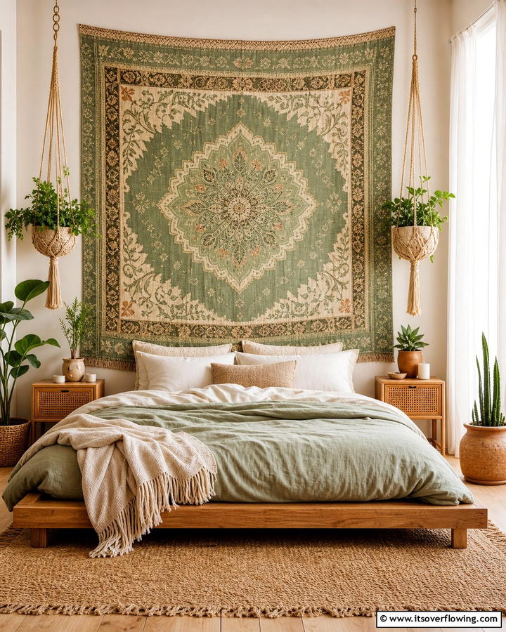 Boho Tapestries with Sage Hues - 25 Boho Sage Green Bedroom Ideas for a Serene Retreat