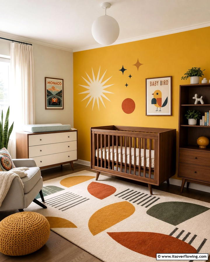 Bold Accent Wall in Retro Colors - 20 Mid-century Modern Nursery Ideas for Stylish Kids