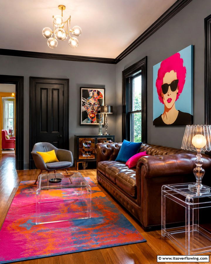 Bold Artistic Flair - 30 Living Room Grey Walls & Black Trim- Bold Contrast Ideas