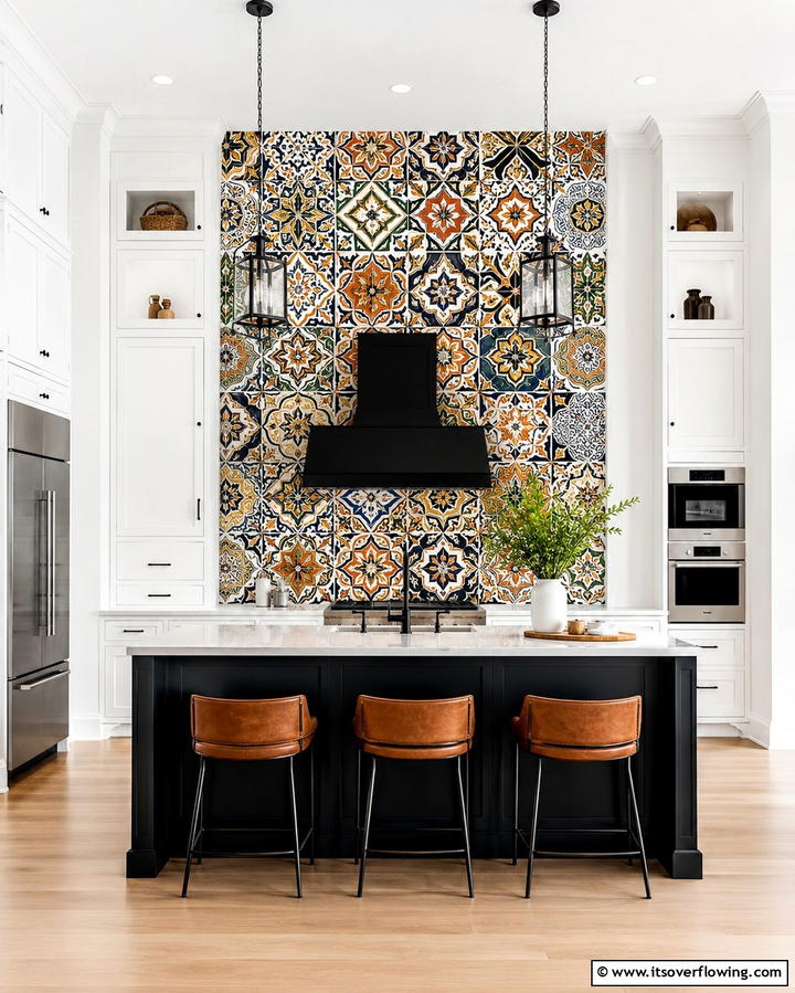 Bold Backsplash Choices - 20 White Kitchen Ideas With Black Island for Contrast
