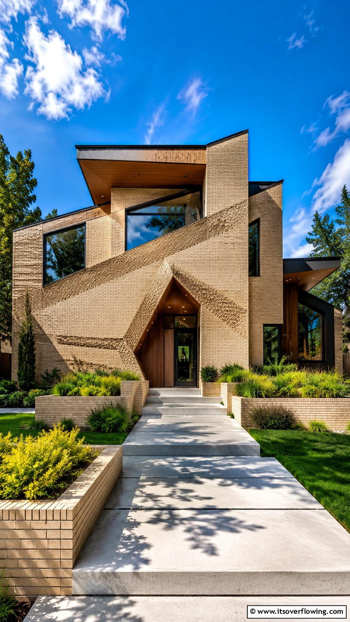 Bold Beige Brick with Contemporary Shapes - 30 Beige Brick Exterior Home Ideas for Warm Curb Appeal
