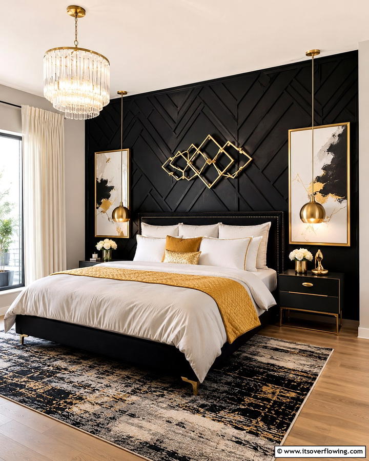 Bold Black Accent Wall - 25 Stunning Black and Gold Bedroom Design Ideas