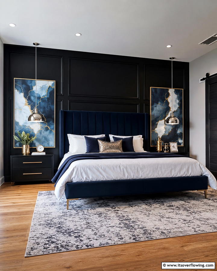 Bold Black Accent Wall - 25 Black and Blue Bedroom Ideas for a Bold Statement