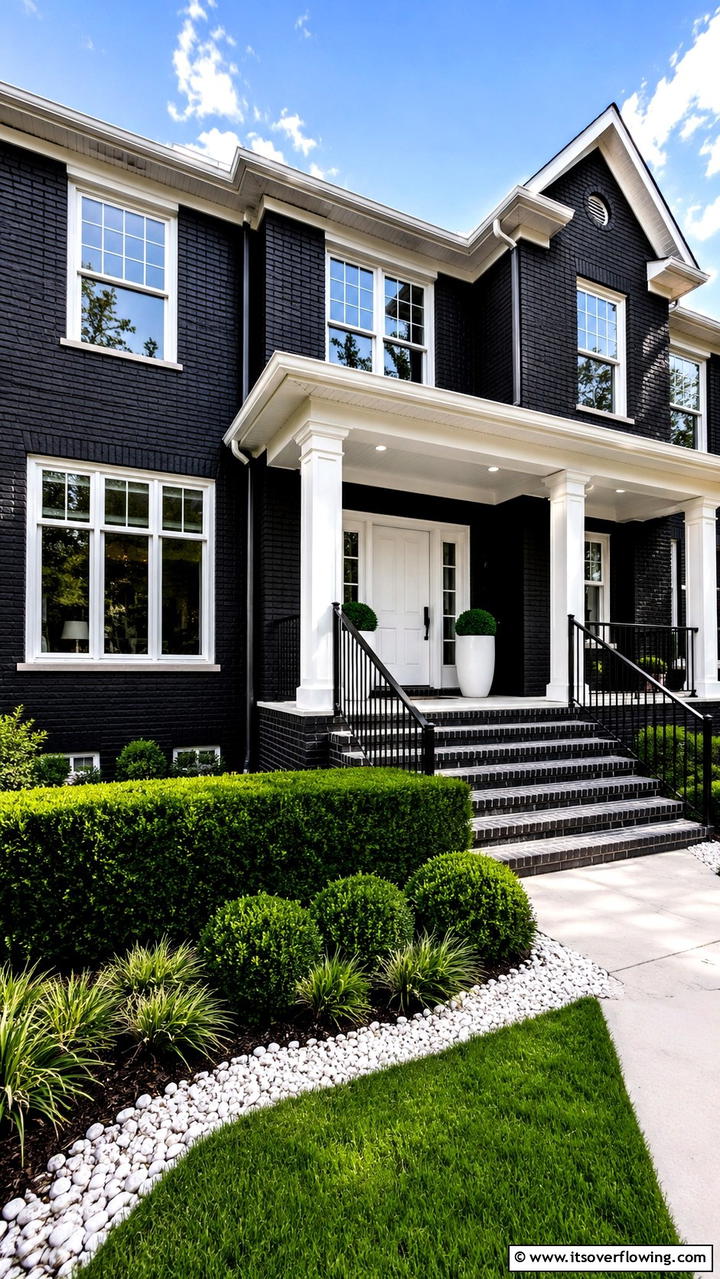 Bold Black Brick with Crisp White Trims - 30 Exterior Brick and Paint Color Combinations