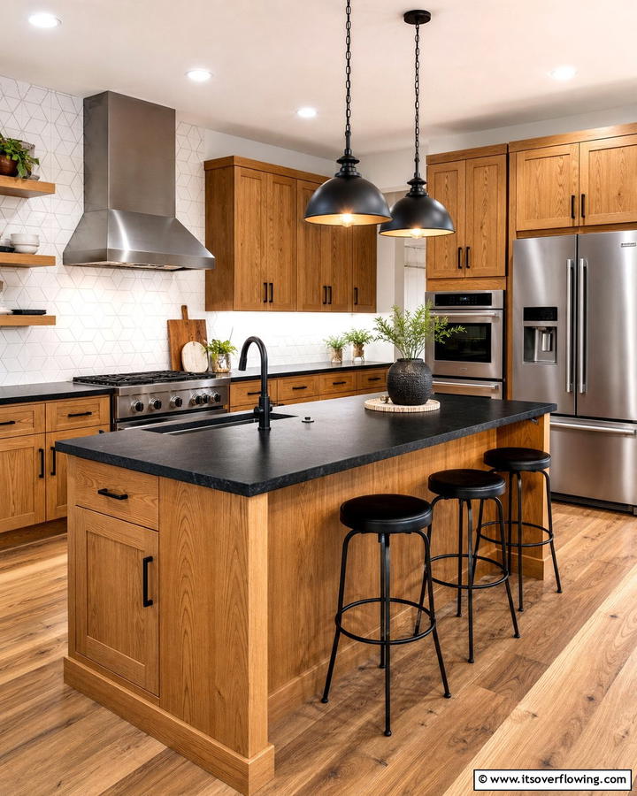 Bold Black Contrast - 30 Countertop Colors That Harmonize With Oak Cabinets