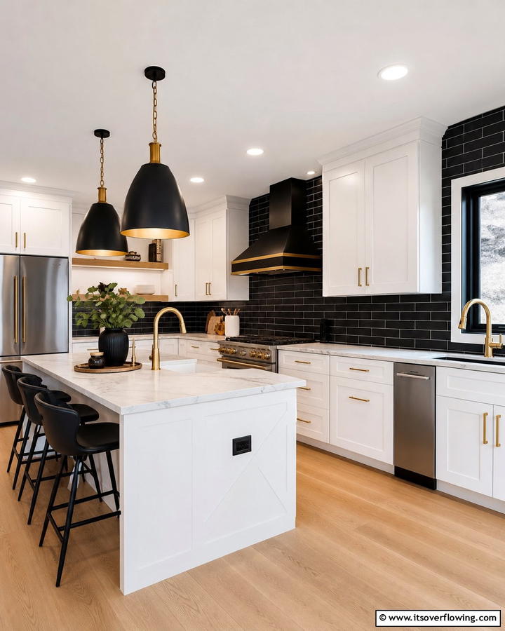 Bold Black Contrast - 21 Backsplash Ideas for White Cabinets and Granite Counters