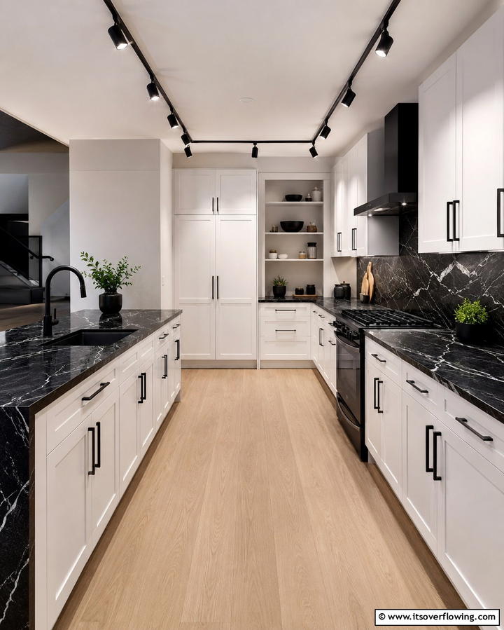 Bold Black Fixtures - 25 Kitchen With White Cabinets and Black Countertops Ideas